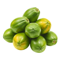 A watercolor group of papayas stacked on top of each other with some showing a yellow tint in their colorings on transparent background png