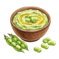 A watercolor bowl of green bean puree with oil and beans next to open bean pods on a plain simple setting on transparent background png