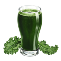 watercolor Tall glass filled with green juice and kale leaves placed near it on a plain surface view from front on transparent background png