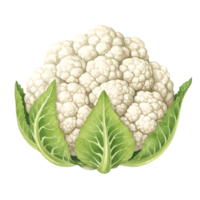A watercolor single head of cauliflower with green leaves arranged around it on a plain setting art style on transparent background png