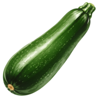 A watercolor single green zucchini squash with a smooth skin and a visible stem on an isolated plain field on transparent background png