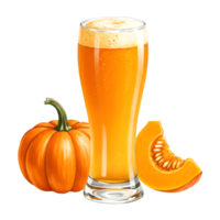 watercolor Tall glass of orange liquid with foam accompanied by a pumpkin and slice on a plain setting on transparent background png