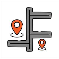 Route Map Handdrawn style, grey and orange abstract street layout with location pins, great for GPS navigation travel apps and direction icons vector