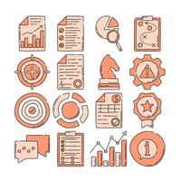 Doodle-style icon pack featuring business and assessment elements like charts, targets, and documents, perfect for infographics, presentations, and planning visuals. vector