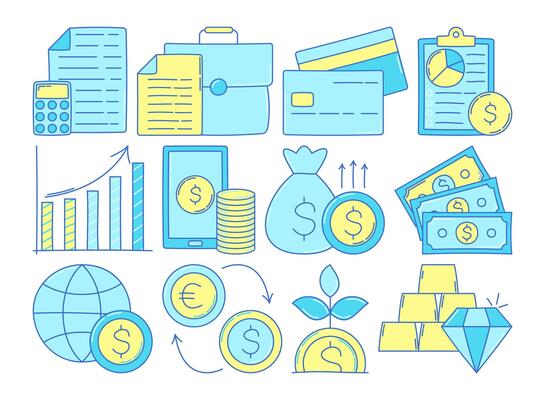 Doodle-style global business icon set with finance, money, credit, and growth elements. Perfect for infographics, reports, and web designs.