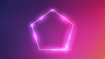 Neon frame in pentagon form with shining effects on dark purple background. Empty glowing techno backdrop. illustration vector