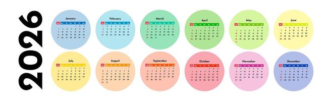 Horizontal calendar for 2026 isolated on a white background. Sunday to Monday, business template. illustration vector