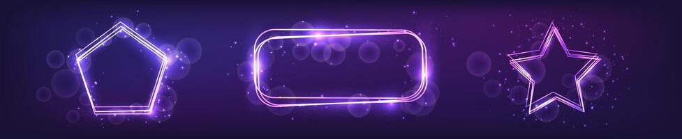 Set of three neon frames with effects and sparkles on background. Empty glowing techno backdrop. illustration vector