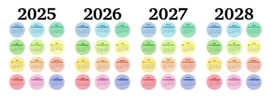 Set of four vertical calendars for 2025, 2026, 2027 and 2028 isolated on a background. Sunday to Monday, business template. illustration vector