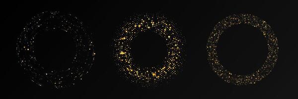 Abstract gold glowing halftone background. Set of three gold glitter patterns in circle form. Circle halftone dots. illustration vector