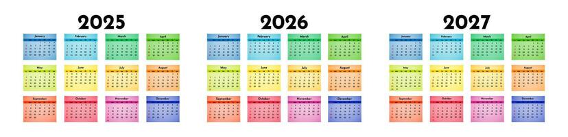 Set of calendars for 2025, 2026 and 2027 isolated on a white background. Sunday to Monday, business template. illustration vector