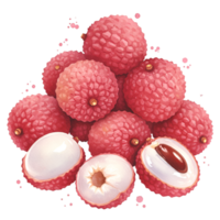 A collection of lychee fruits stacked together with some cut open showing the white flesh inside them on transparent background png