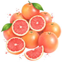 A group of whole and sliced grapefruits with green leaves arranged in a pile on a transparent area on transparent background png