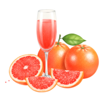 A glass of pink liquid with grapefruit slices and whole grapefruits on a plain color background on transparent background png