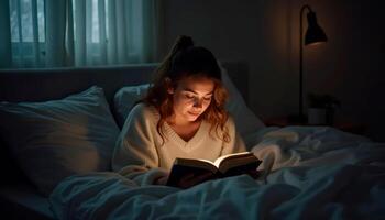 Peaceful bedtime routine, person reading a book with dim lighting and cozy atmosphere photo