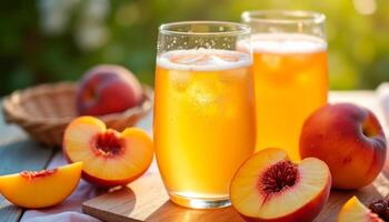 A golden, effervescent peach beer in stemmed glass with tiny bubbles rising with fresh peach slices, honey drizzle and bright summer picnic setup photo
