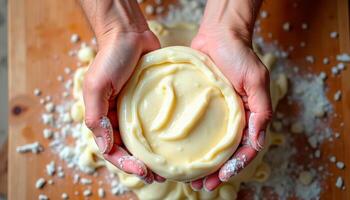 Top-down view of mozzarella cheese making process with hands stretching curd photo