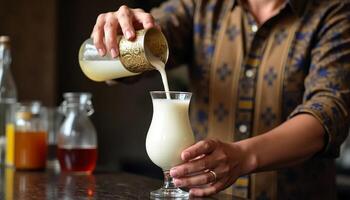 traditional Indonesian bartender pouring Tuak into glass during cultural festival. Beverage is milky white with slightly frothy texture photo