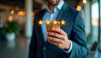 Businessperson holding a smartphone with floating yellow stars, symbolizing five-star rating and customer feedback photo