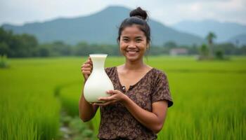 A woman holding a jug of Tuak, traditional Indonesian alcoholic drink, standing in a lush rice field with mountains in the distance photo