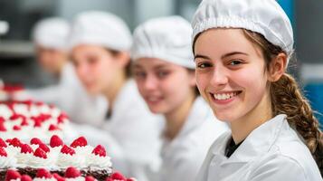 Professional bakers in white uniforms and caps preparing chocolate cakes topped with whipped cream and fresh raspberries in a clean bakery setting photo