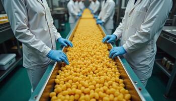 Workers handle an array of yellow items on clean conveyor belt, modern food processing and industrial efficiency photo