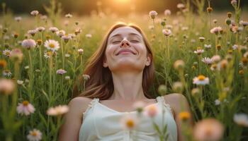 Top view of a calm woman resting in a meadow of blooming wildflowers, her eyes gently closed as she connects with nature. Slow Living in a peaceful photo