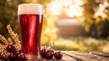 Craft cherry beer with creamy foam, ripe cherries and barley on rustic table with brewery background, perfect for summer photo