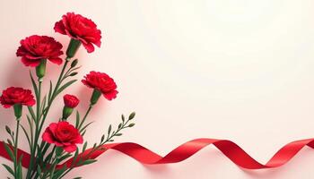 decorative May Day poster with a close-up of red carnations and waving red ribbons on a light textured background photo