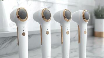 Four identical handheld beauty devices with a white and gold design, displayed upright on a marble surface with a stylish background photo