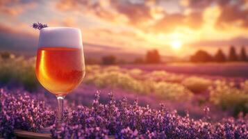 delicate lavender beer in a stemmed glass with a soft purple hue, infused with dried lavender sprigs and served on a vintage tray with a countryside background photo
