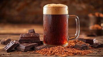 Flavored dark chocolate porter beer in a mug with foam, cocoa powder and chocolate pieces, cozy cafe style background photo