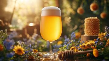 Refreshing honey-flavored craft beer with frothy top, honeycomb, wildflowers and wooden dipper in rustic setting photo