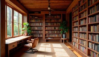 Wabi-sabi inspired library with rustic wooden shelves and natural light emphasizing imperfections photo