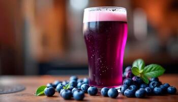 deep purple blueberry beer in pint glass with thick, frothy head, fresh blueberries around and blurred brewery background photo
