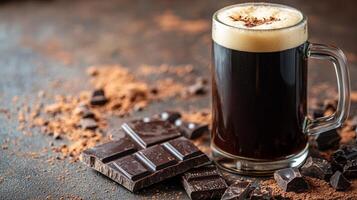 A dark chocolate porter in a mug with a frothy head with pieces of dark chocolate and cocoa powder, set against cozy cafe backdrop photo
