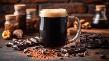 Dark chocolate porter beer in a mug with foam, cocoa powder and chocolate pieces, cozy cafe style background photo