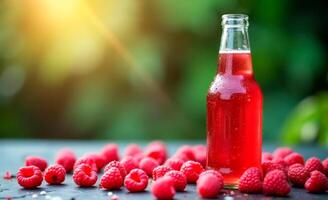 Raspberry Beer Bottle with Condensation Among frest Raspberries. Refreshing Summer Drink with Blurred Background and Copy Space photo