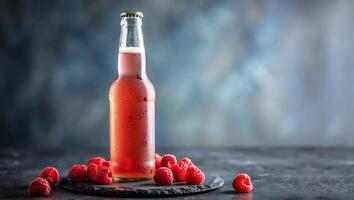 Refreshing raspberry beverage in a glass bottle with fresh raspberries on dark background with copy space for text photo