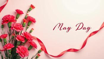 May Day celebration with red carnations and ribbon. Festive floral composition with copy space for text photo