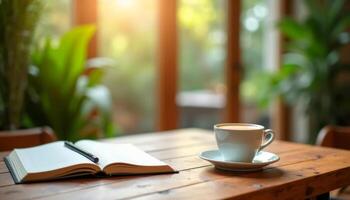 A serene setting with a wooden table displaying an open book, a pen resting on it, and a steaming cup of coffee on a saucer. Sunlight filters through large windows, highlighting green plants photo