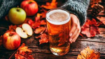 Craft apple-flavored beer in a clear pint glass with fresh apple slices on rustic wooden table in warm autumn setting photo
