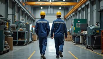 Engineers walking through industrial workshop, discussing current project and machinery photo