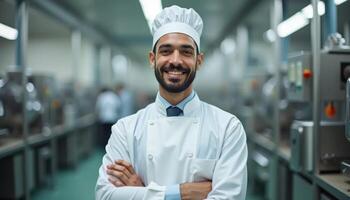 Portrait of a successful food factory manager in sterile uniform with arms crossed smiling at the camera photo