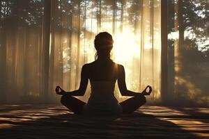 A silhouette of a young woman performing yoga poses on the bed at sunrise, capturing a moment of peace, relaxation, and morning energy photo