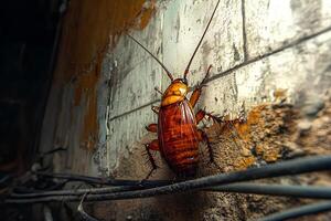 Macro view of a cockroach crawling on an indoor wall symbolizing pest infestation and danger to health photo