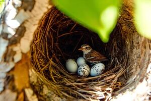 A peaceful scene of a sparrow's nest containing eggs and a nestling, showcasing the beauty of nature and the nurturing aspect of birdlife photo