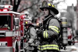 A black and white image of a fireman actively working at the scene of a fire, showcasing the intensity and dedication of emergency responders during a critical situation photo