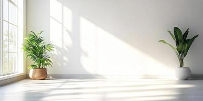 Clean and bright modern minimalist interior design showcasing plants in a serene room. Header banner mockup with copy space. photo