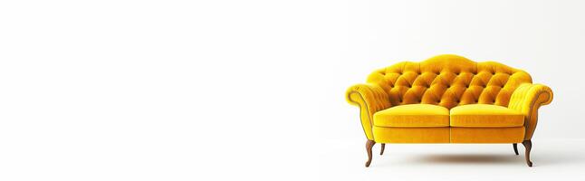 Modern yellow sofa with elegant design against a bright white background. Header banner mockup with copy space. photo